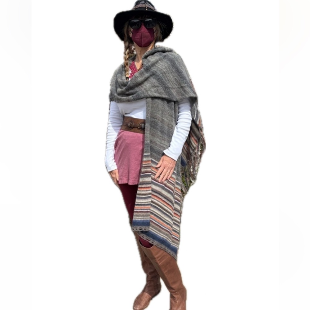 Free People Latitude 30 Wool Wrap Poncho Shawl Rainbow Stripe Fringe Sweater